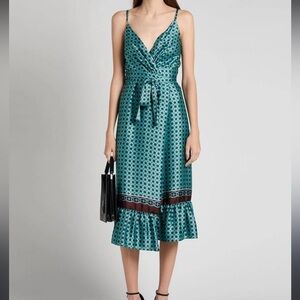 Sandro Printed Satin Tie Wrap Midi Dress
